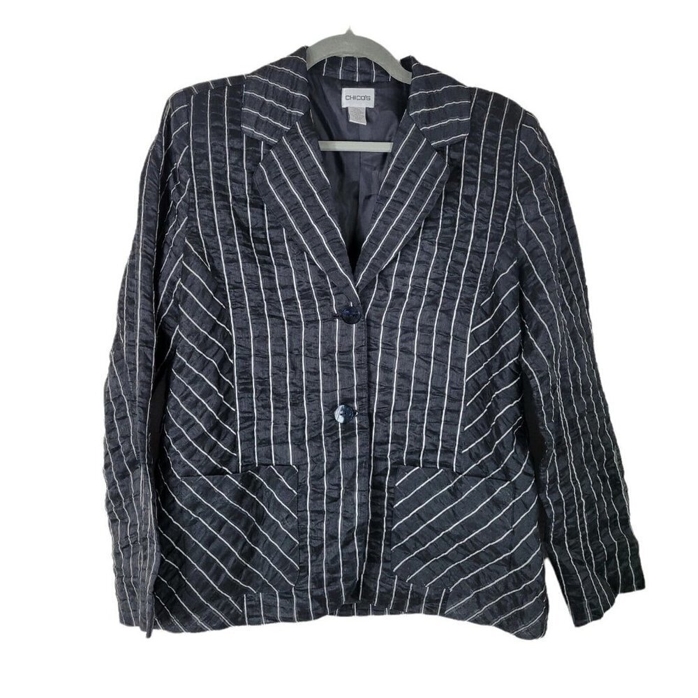Chico's Size 2 Large Crinkle Linen Blend Jacket Blazer Lined Black White Striped
